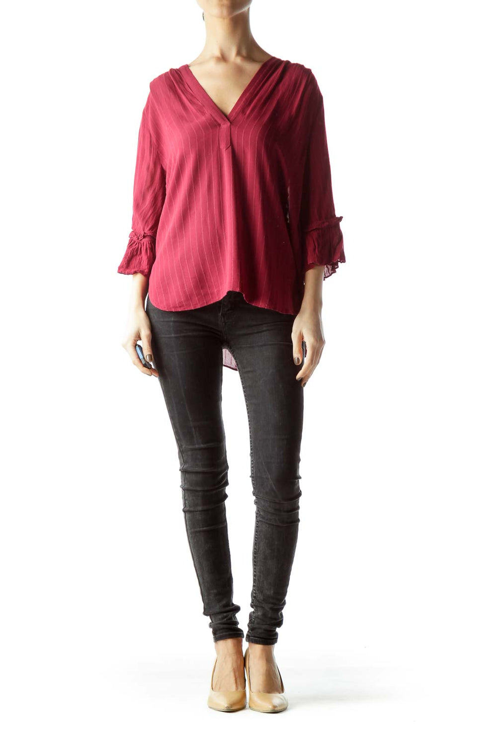 Front view of red striped V-neck blouse with bell sleeves by Stockholm Atelier