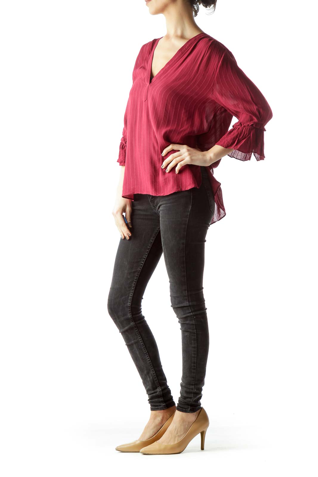 Front view of red striped V-neck blouse with bell sleeves by Stockholm Atelier