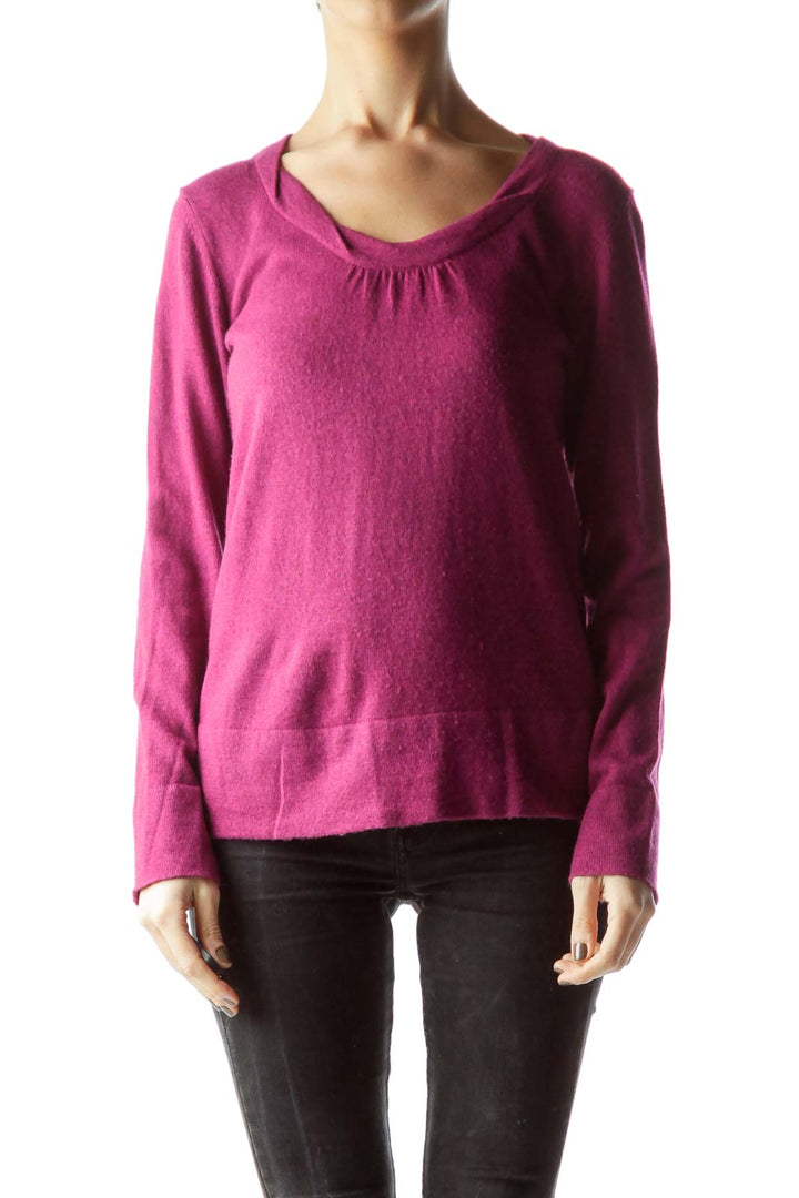 Front view of magenta V-neck long sleeve knit sweater from Banana Republic