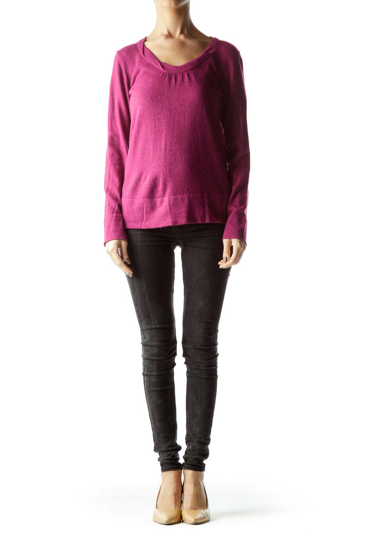 Front view of magenta V-neck long sleeve knit sweater from Banana Republic