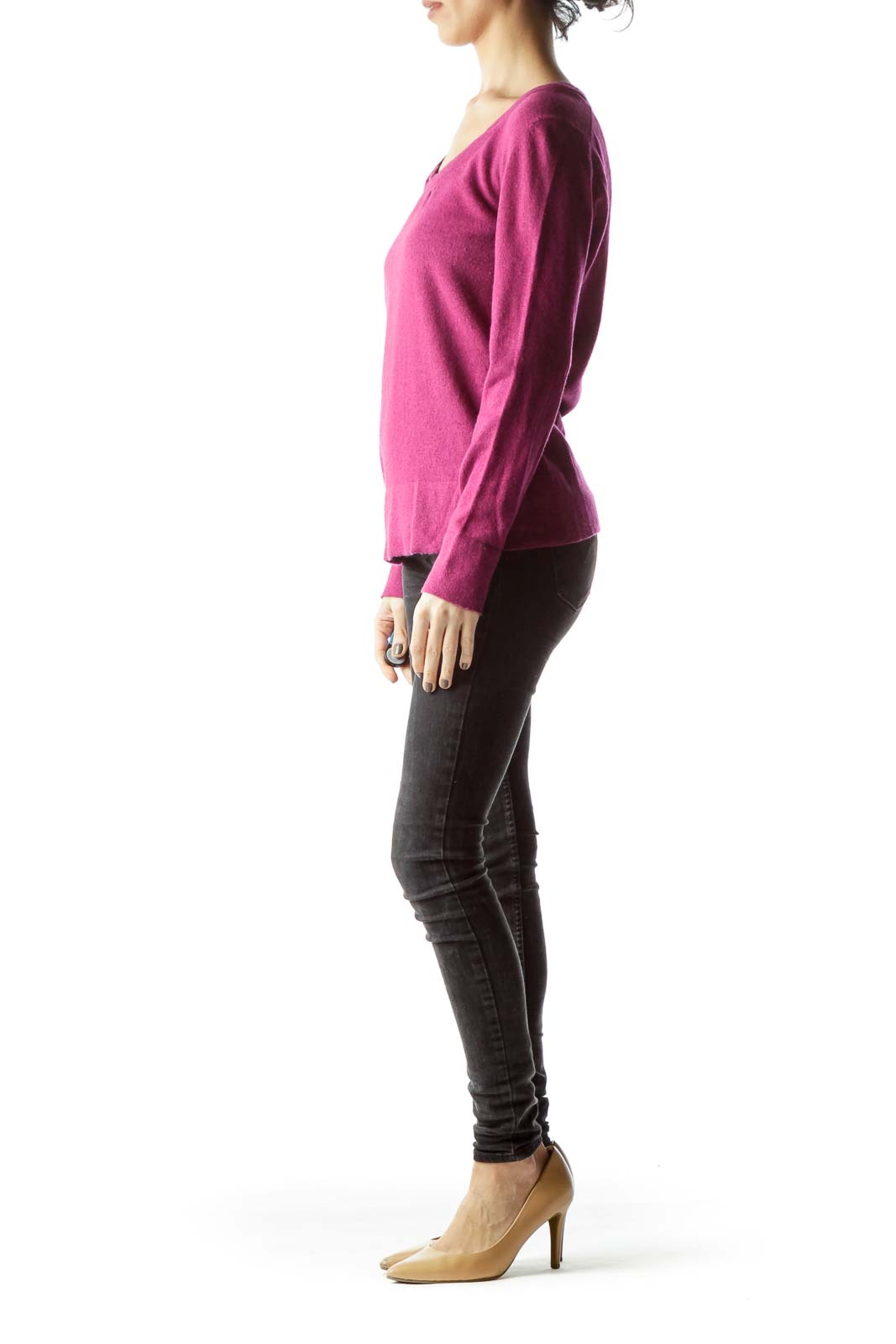 Front view of magenta V-neck long sleeve knit sweater from Banana Republic