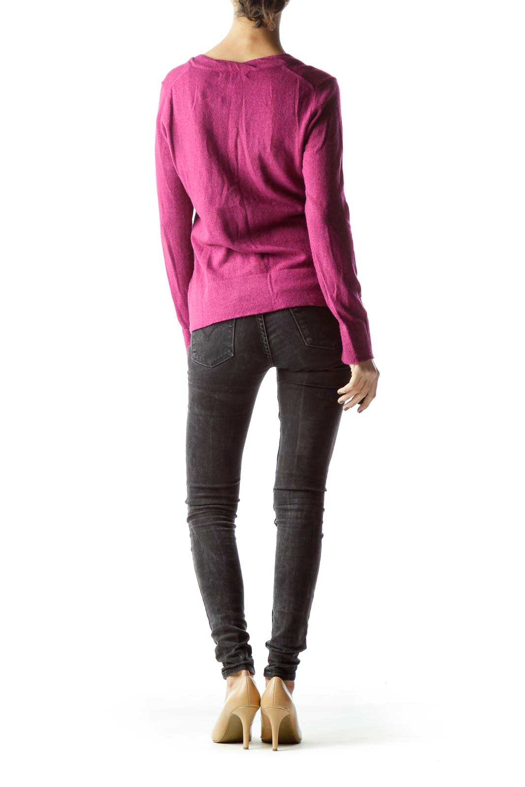 Back view of magenta V-neck long sleeve knit sweater from Banana Republic