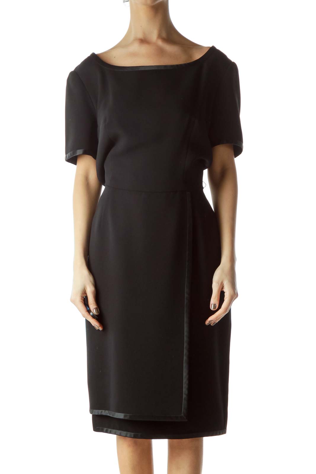 Front view of Bill Blass black short-sleeve cocktail dress with boat neckline