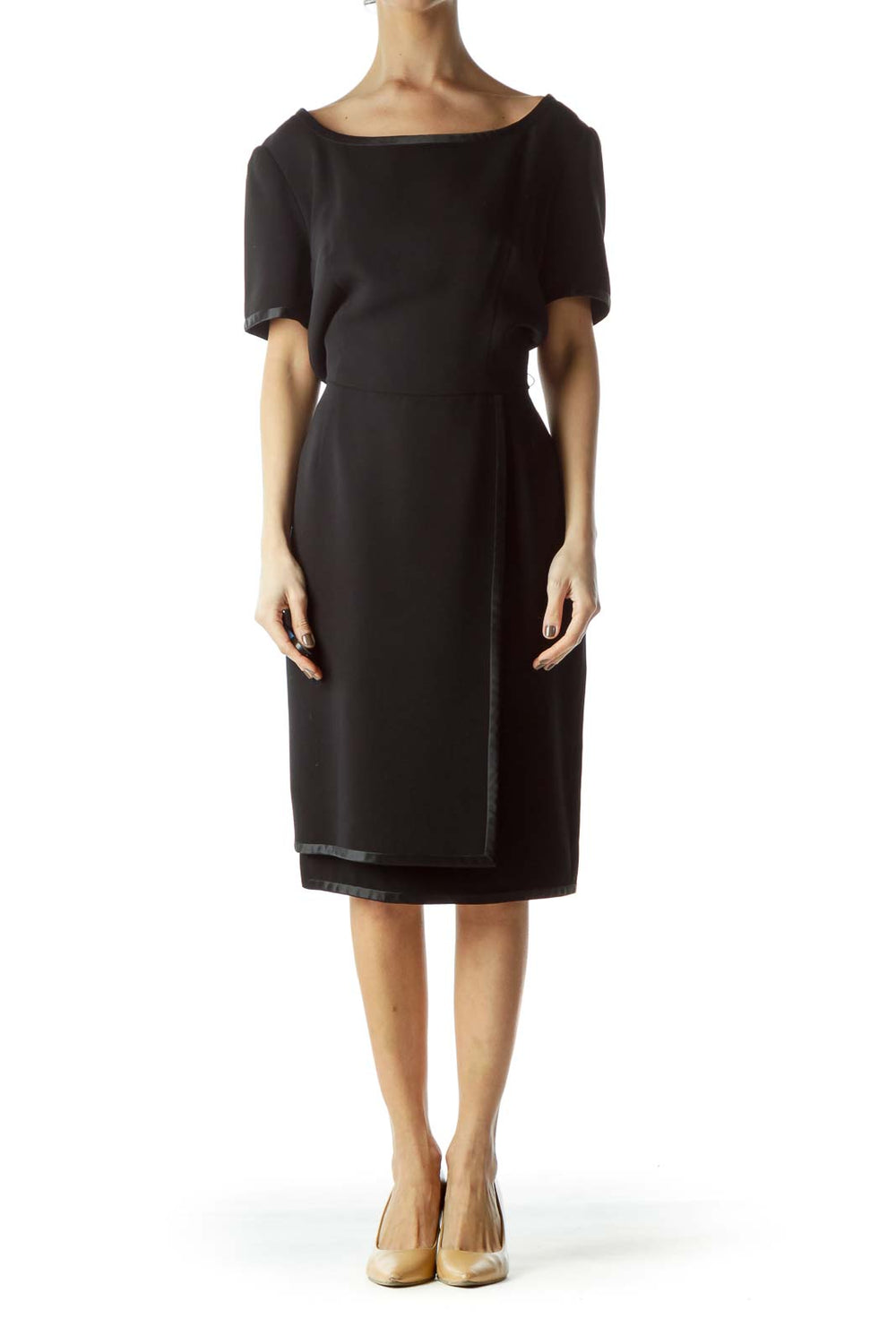 Front view of Bill Blass black short-sleeve cocktail dress with boat neckline