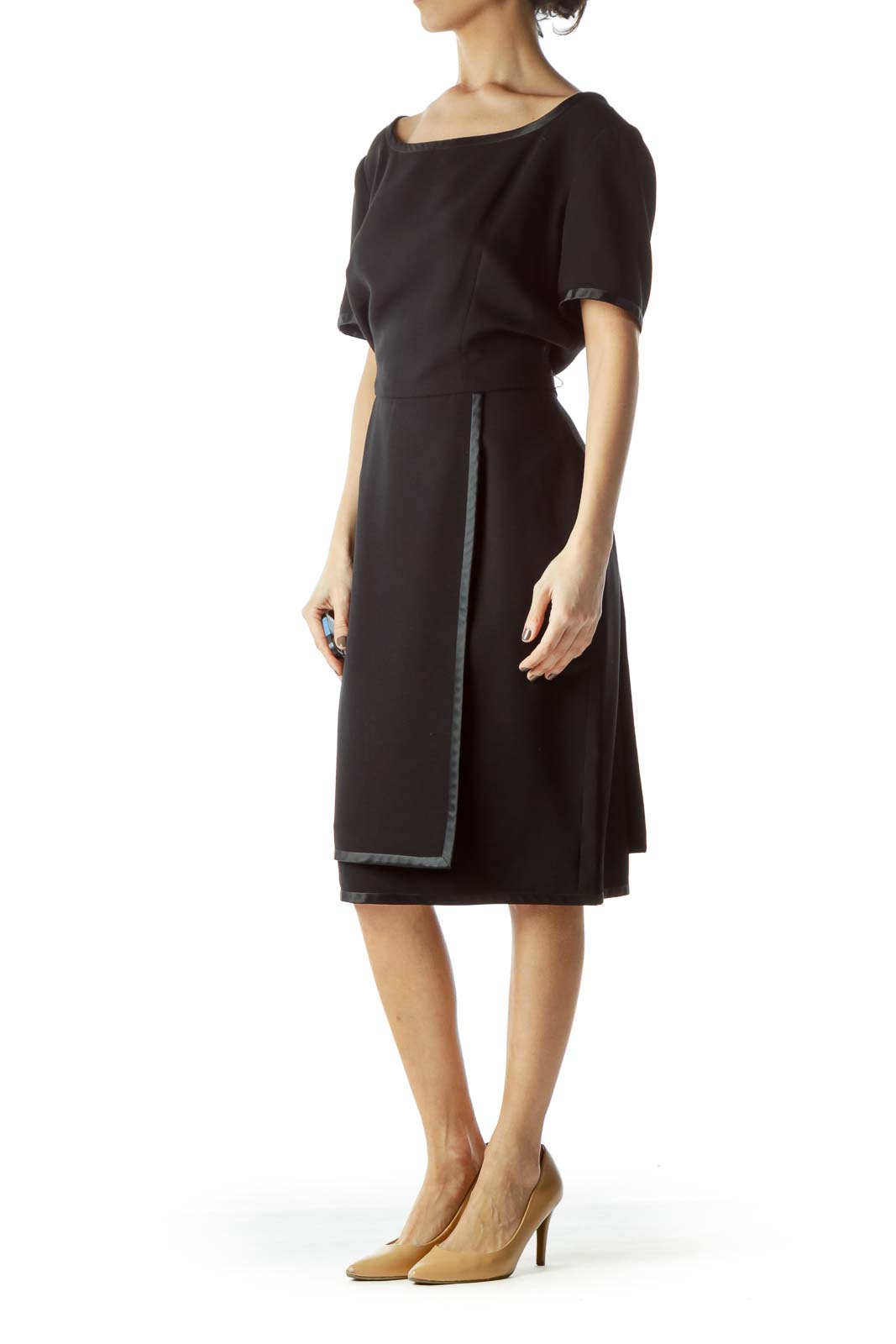 Front view of Bill Blass black short-sleeve cocktail dress with boat neckline