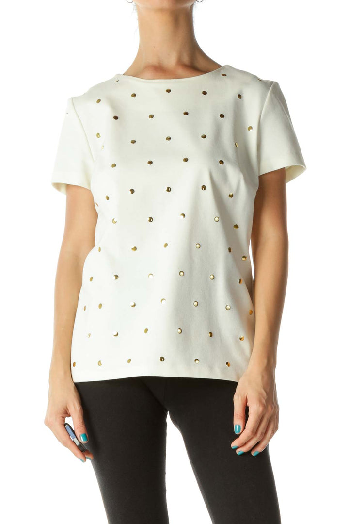 Cream Gold Studded Short-Sleeve Textured Top