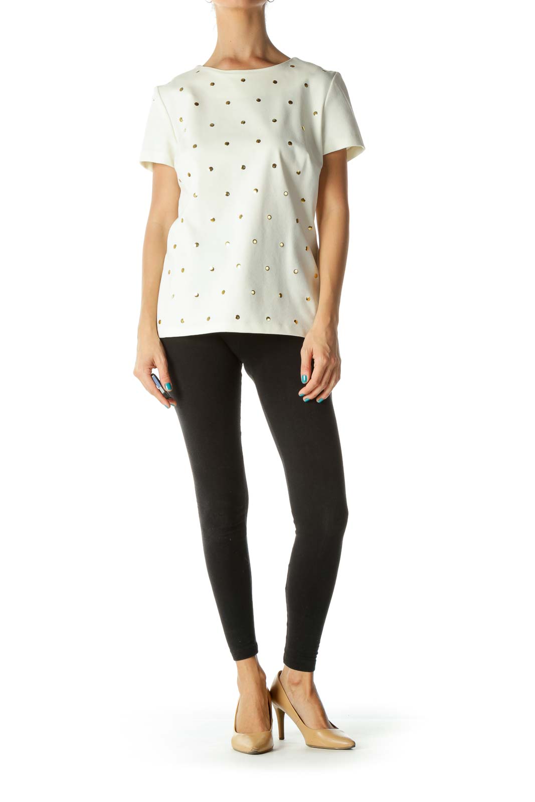 Cream Gold Studded Short-Sleeve Textured Top