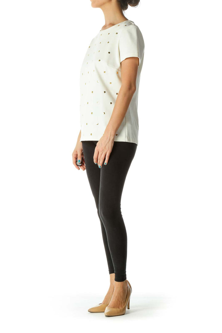 Cream Gold Studded Short-Sleeve Textured Top