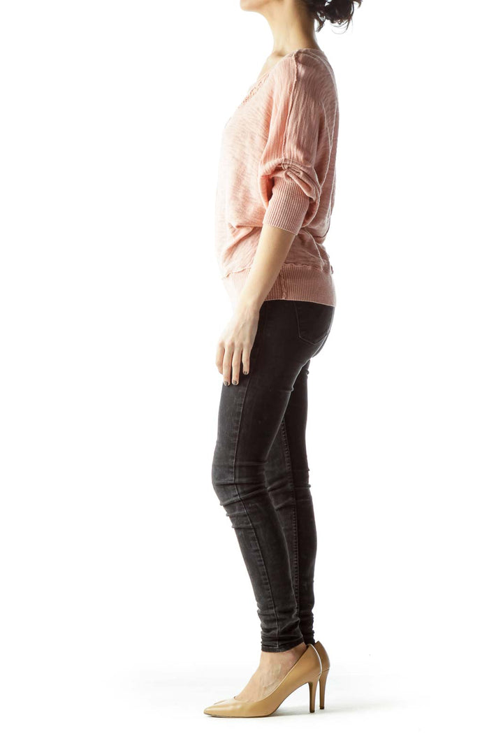 Light Salmon Pink 100% Cotton Bat-Sleeve Knit Top