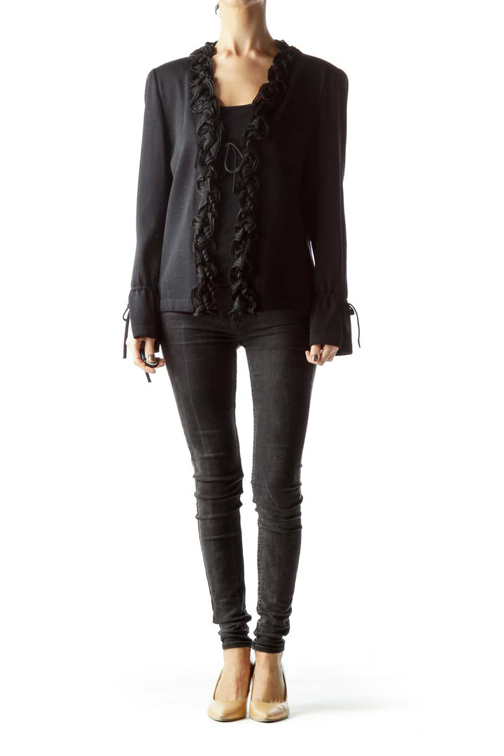 Black Ruffled Long Sleeve Knit Cardigan