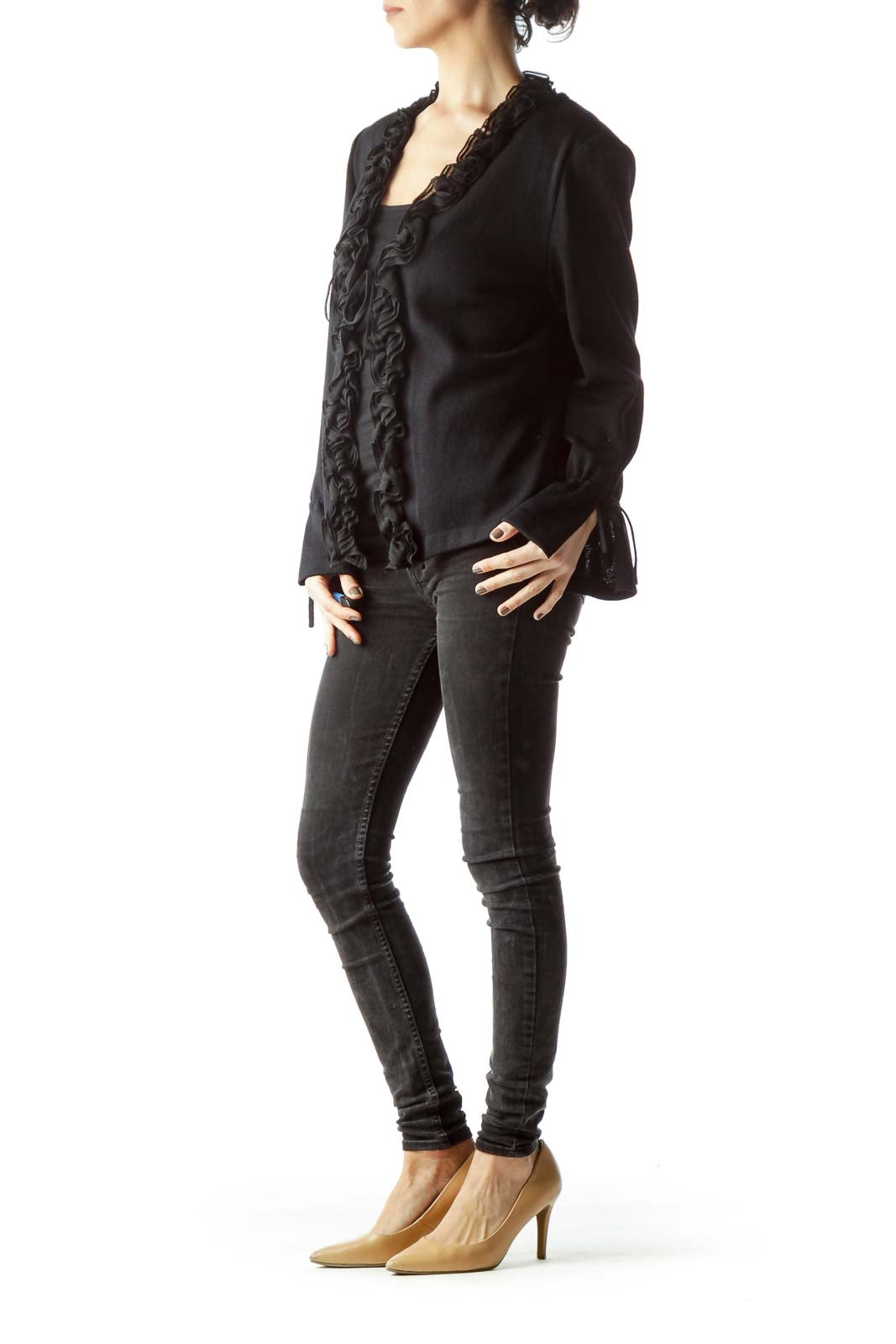 Black Ruffled Long Sleeve Knit Cardigan