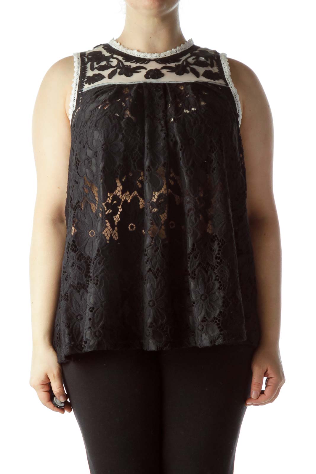 Front view of Romeo & Juliet Couture black lace sleeveless top with sheer yoke