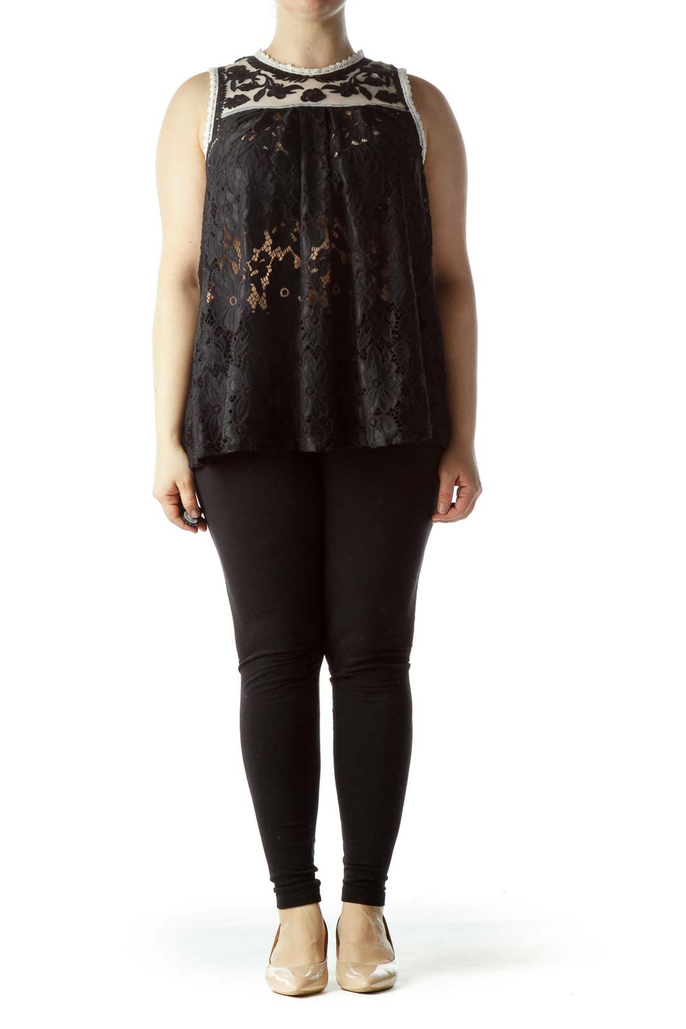 Front view of Romeo & Juliet Couture black lace sleeveless top with sheer yoke