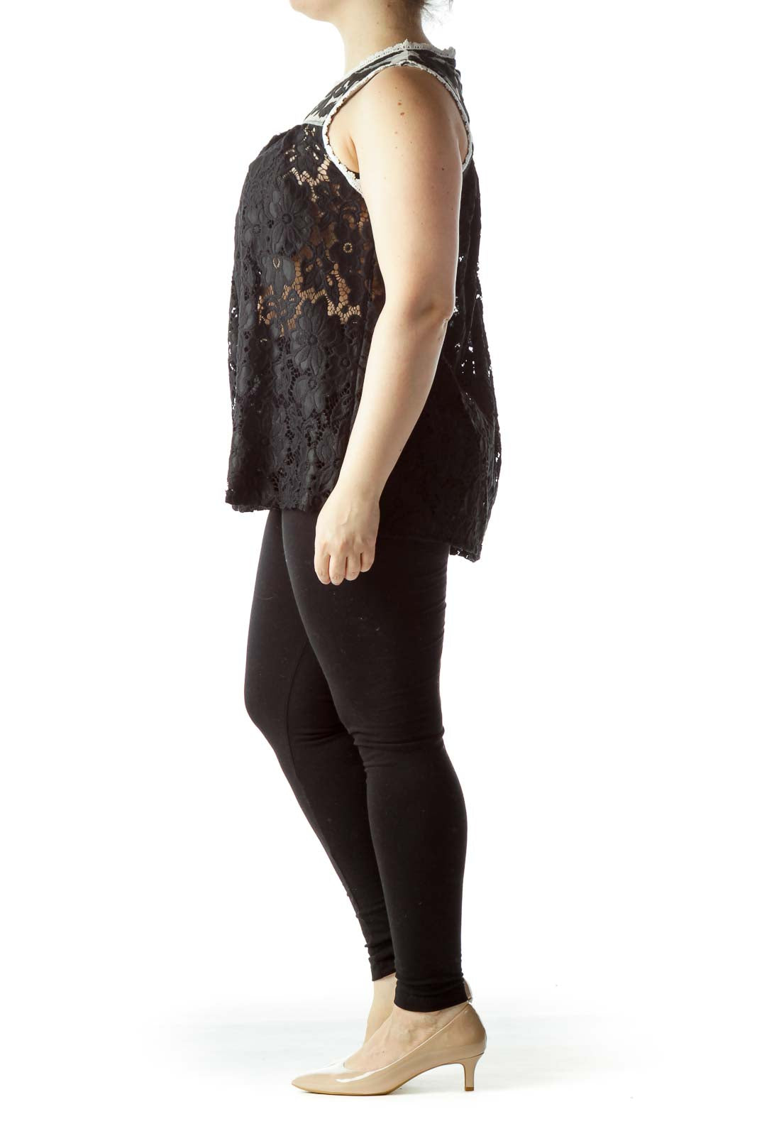 Front view of Romeo & Juliet Couture black lace sleeveless top with sheer yoke