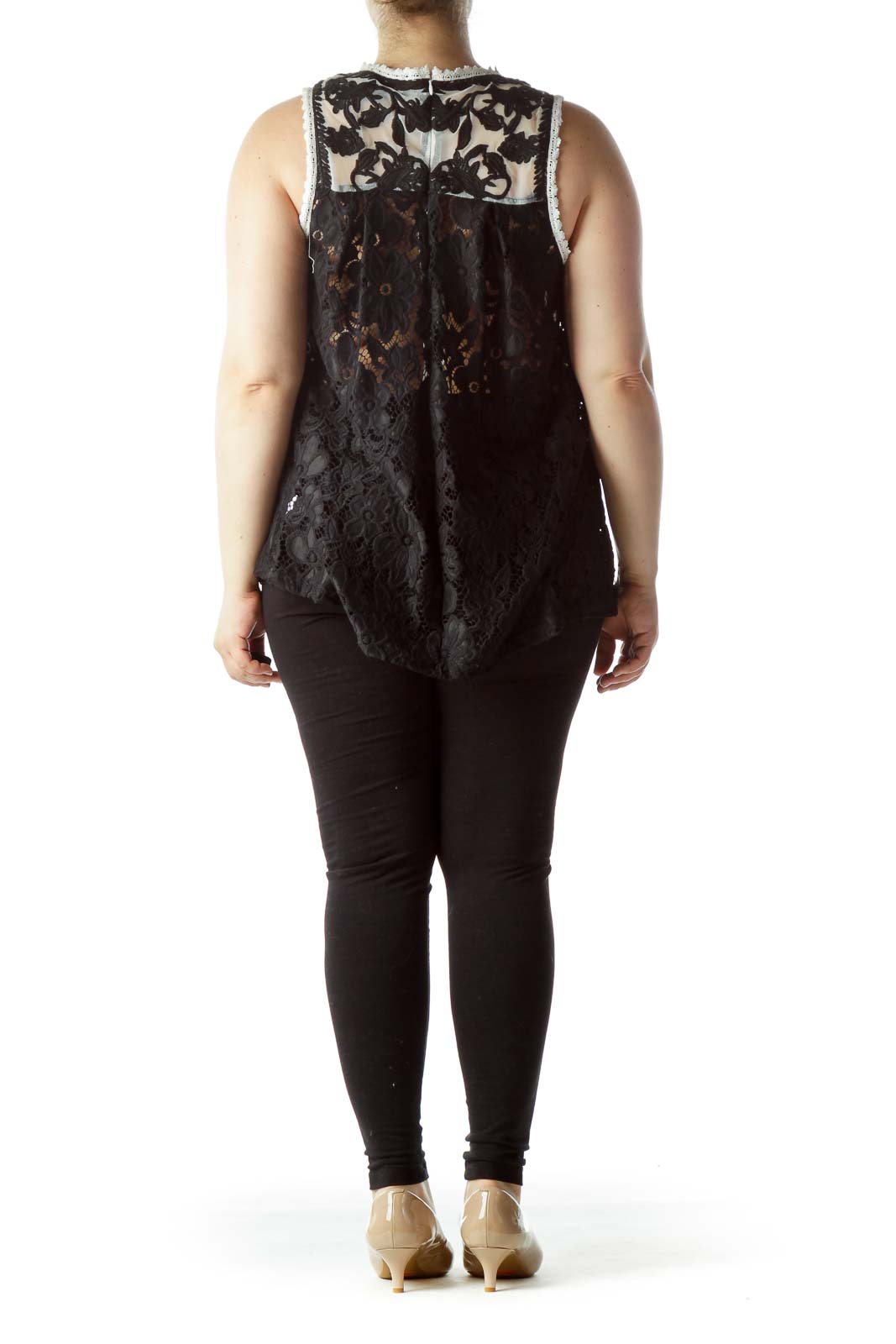 Back view of Romeo & Juliet Couture black lace sleeveless top showing sheer panel