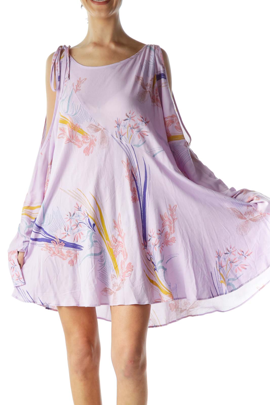 Front view of lavender floral cold shoulder swing dress from Free People