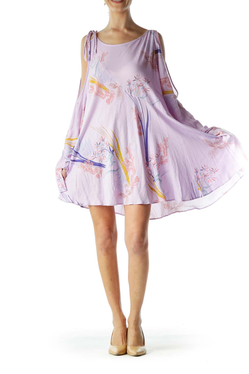 Front view of lavender floral cold shoulder swing dress from Free People