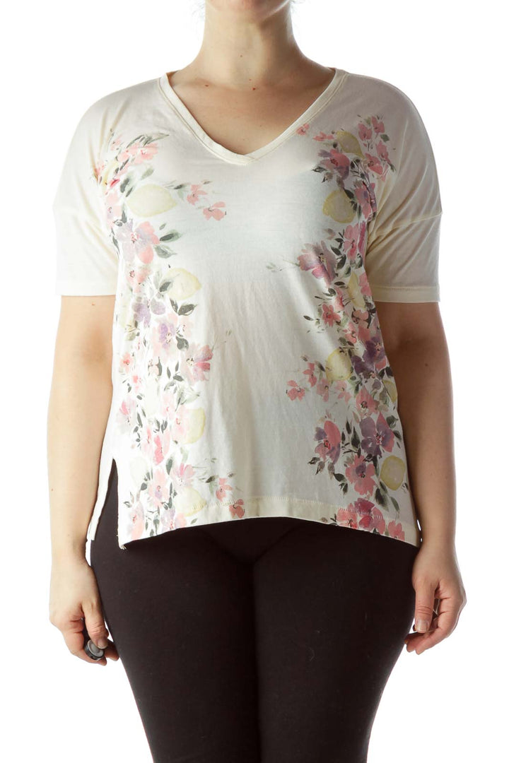 Cream Pink Yellow Floral Print V-Neck T-Shirt