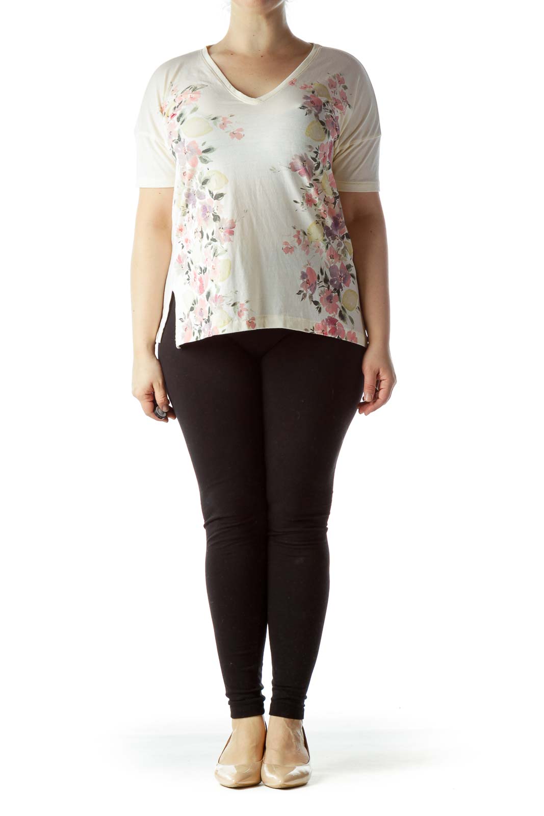 Cream Pink Yellow Floral Print V-Neck T-Shirt