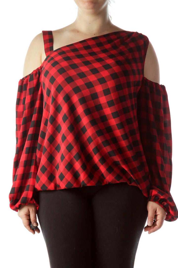 Black Red Checkered Cold-Shoulder Long Sleeve Top