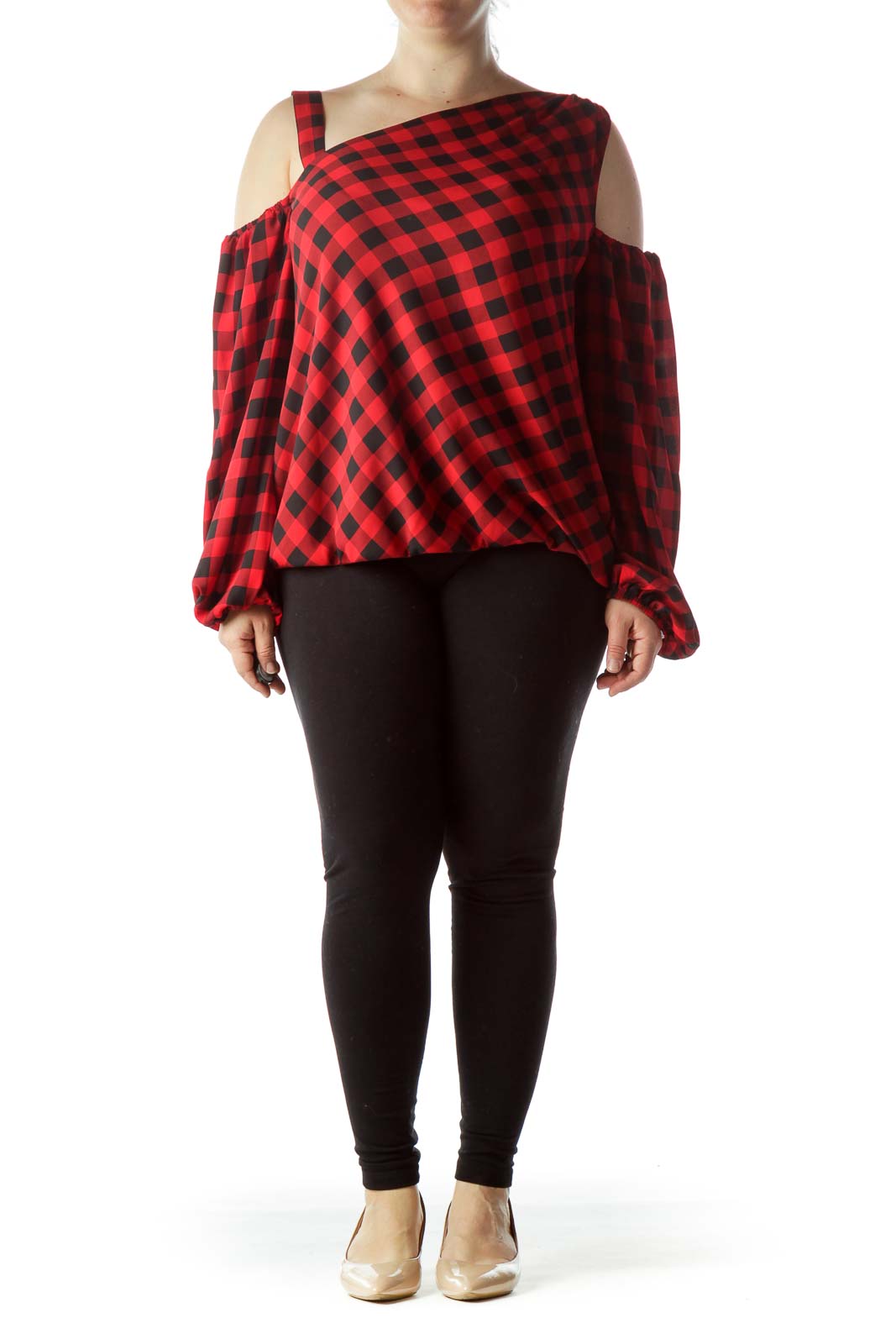 Black Red Checkered Cold-Shoulder Long Sleeve Top