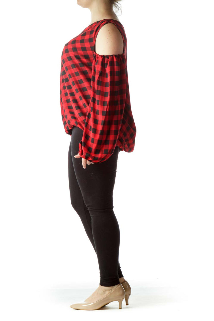 Black Red Checkered Cold-Shoulder Long Sleeve Top