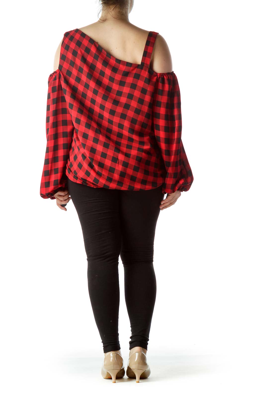 Black Red Checkered Cold-Shoulder Long Sleeve Top