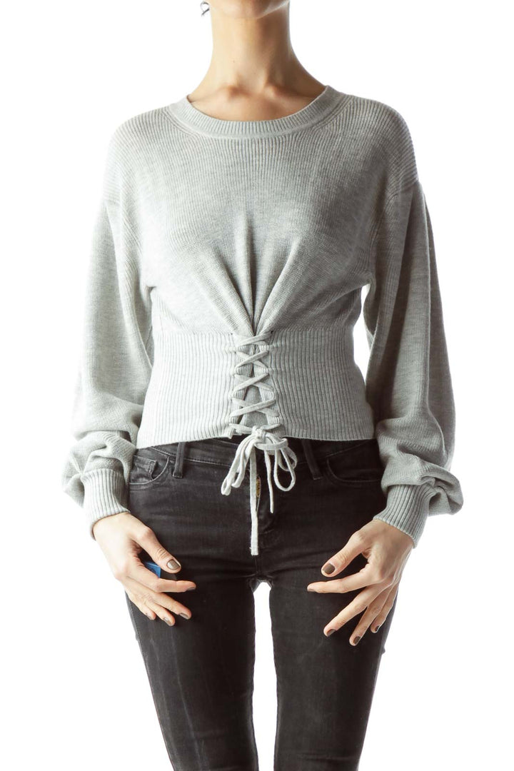 Gray Long Sleeve Front Drawstring Sweater