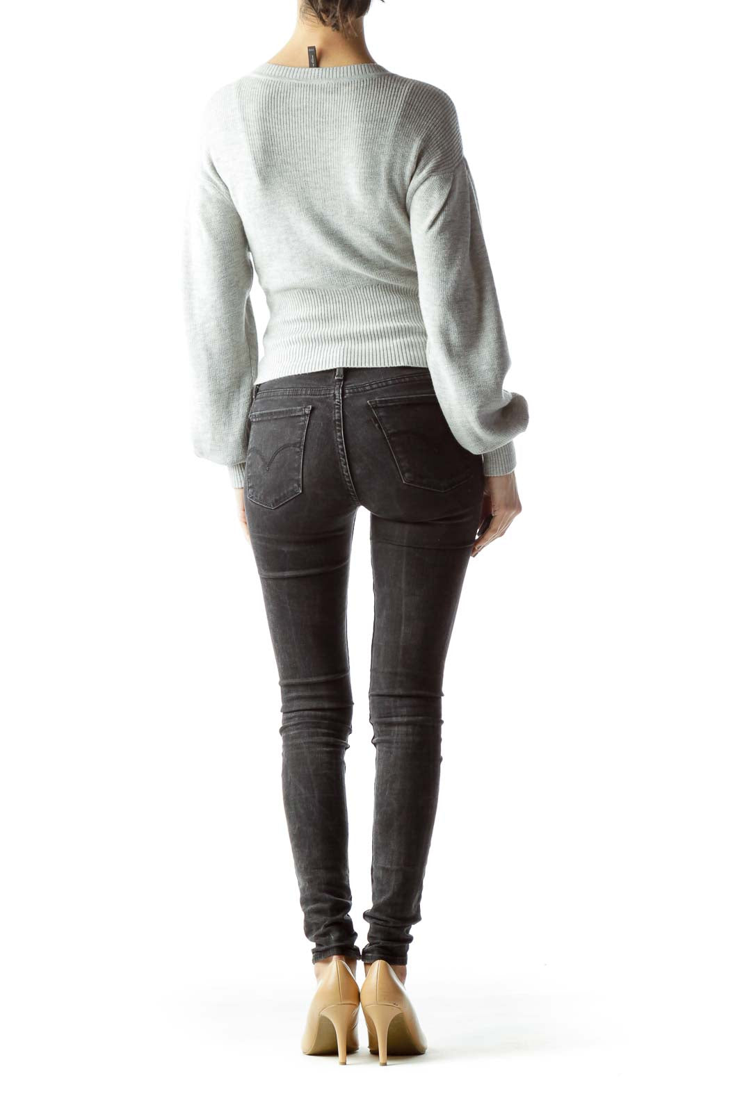 Gray Long Sleeve Front Drawstring Sweater