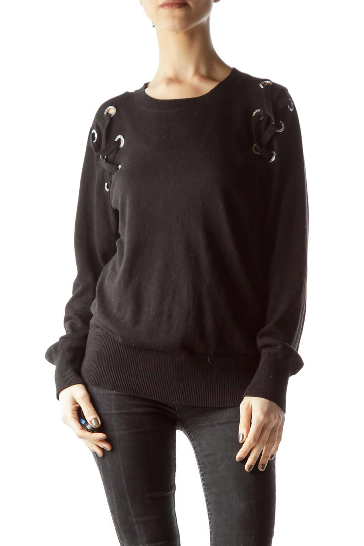 Black Shoulder Drawstring Hardware Detail Long Sleeve Sweater