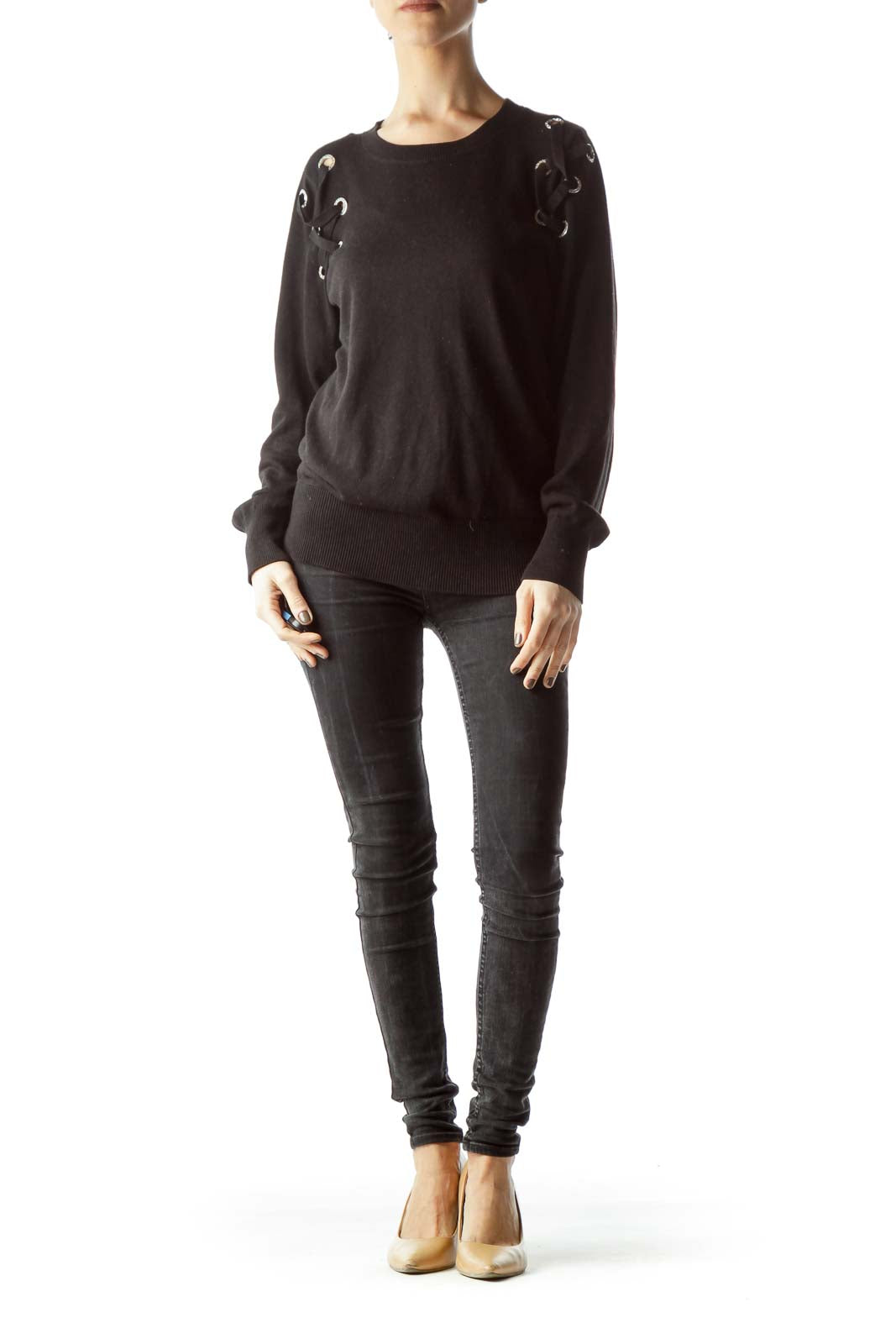 Black Shoulder Drawstring Hardware Detail Long Sleeve Sweater