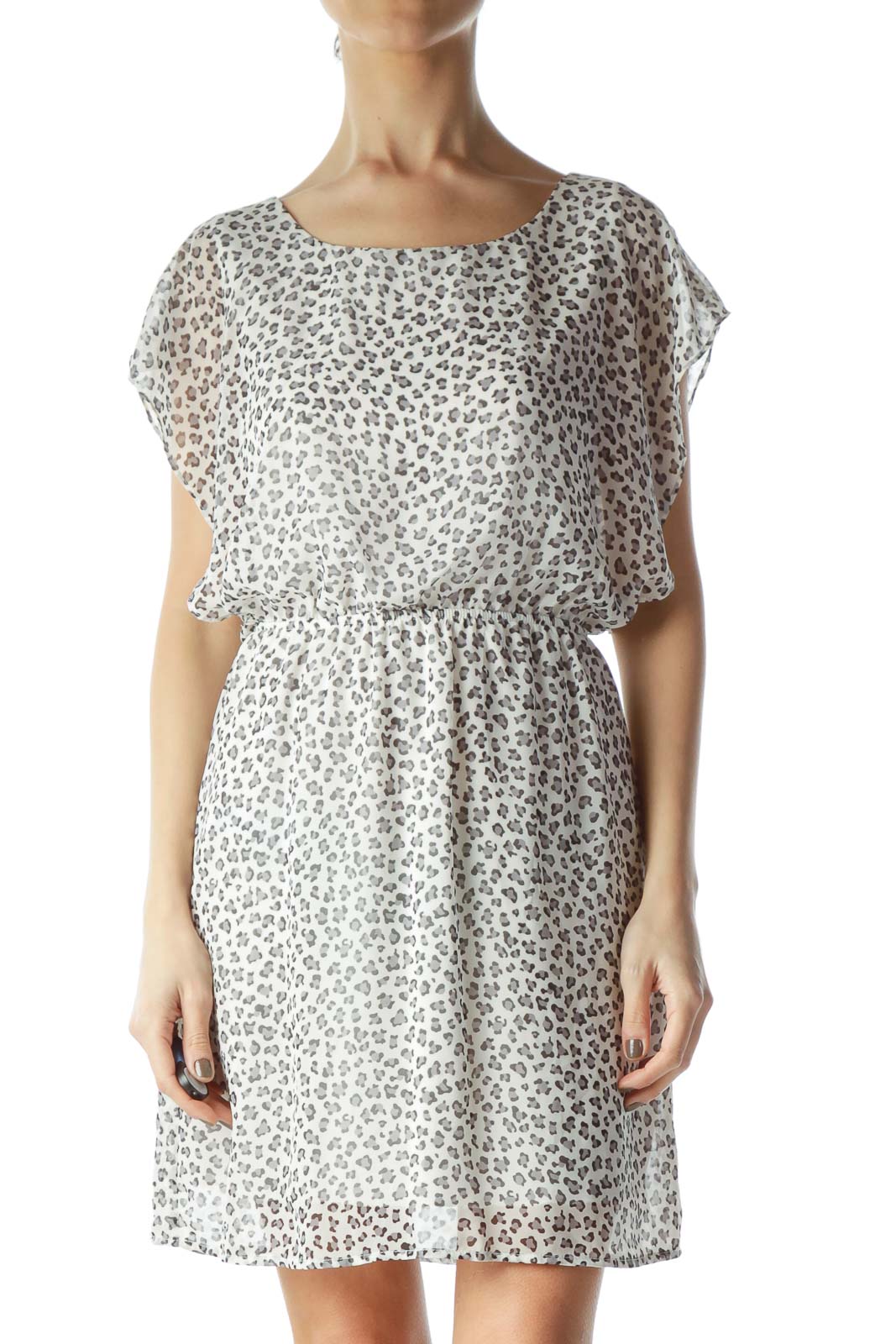 Front view of white leopard print chiffon dress with flutter sleeves