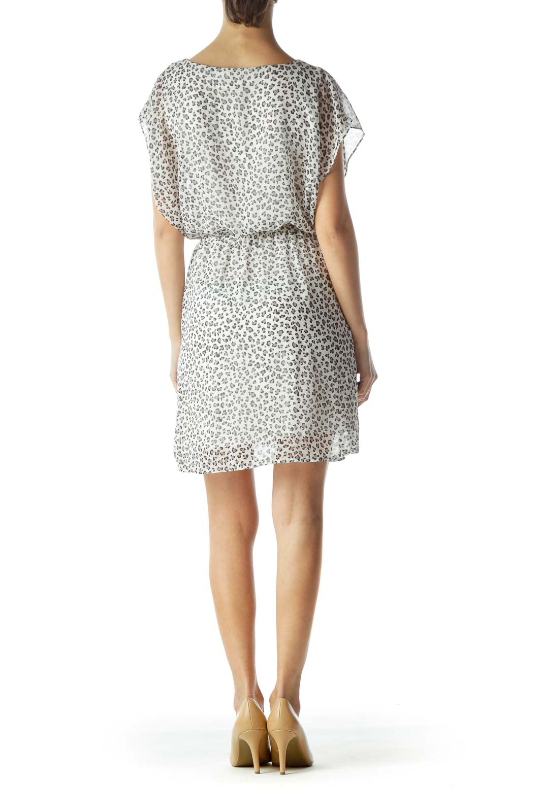 Back view of white leopard print chiffon dress showing relaxed fit