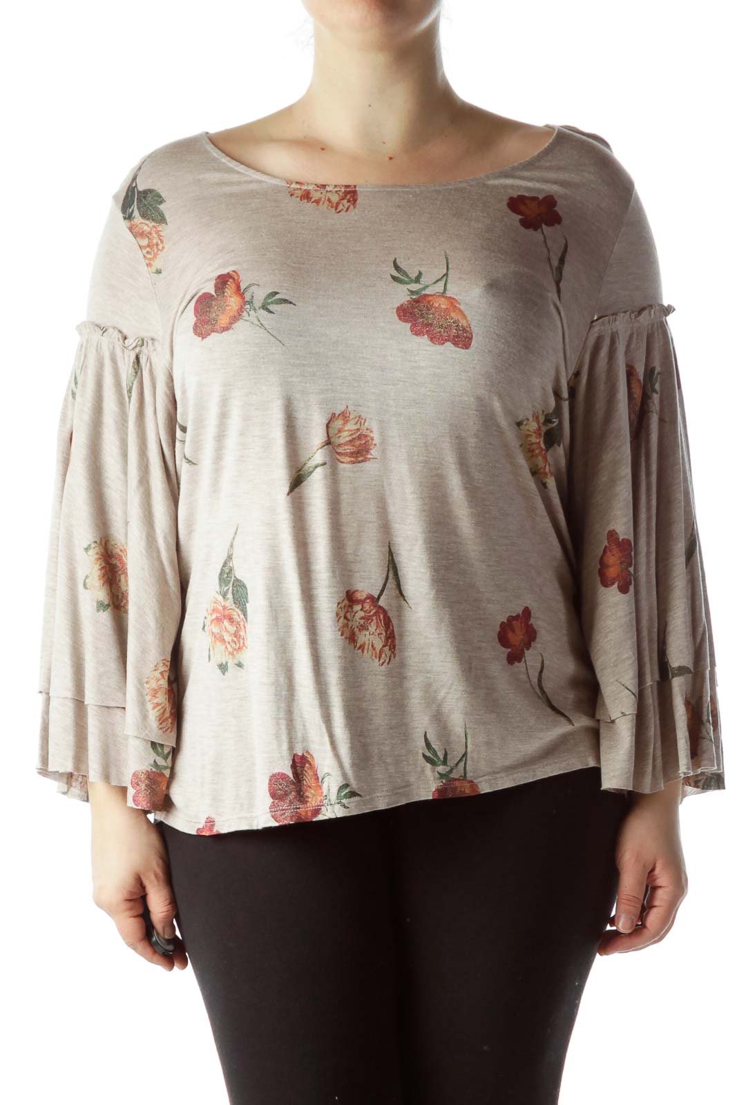 Front view of Lucky Brand beige floral top with bell sleeves