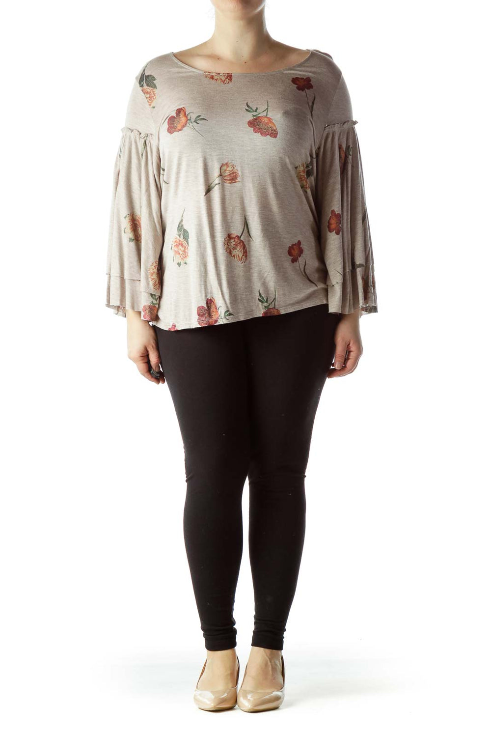 Front view of Lucky Brand beige floral top with bell sleeves