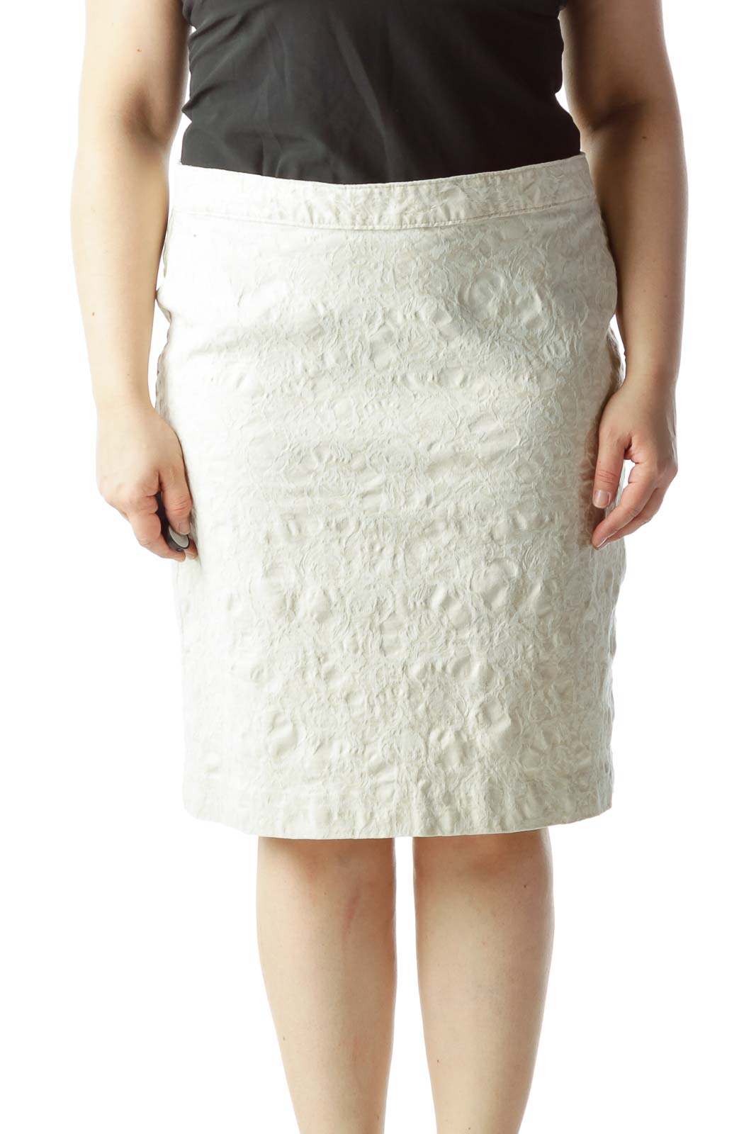 Front view of Van Heusen ivory textured pencil skirt with floral pattern