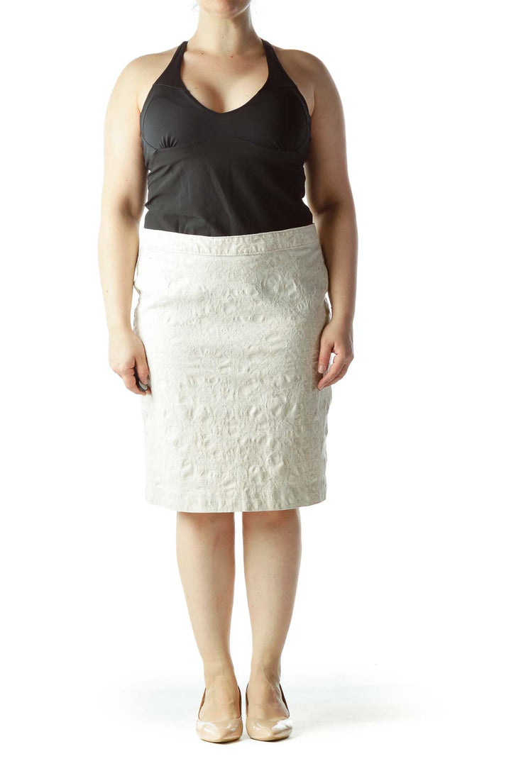 Front view of Van Heusen ivory textured pencil skirt with floral pattern