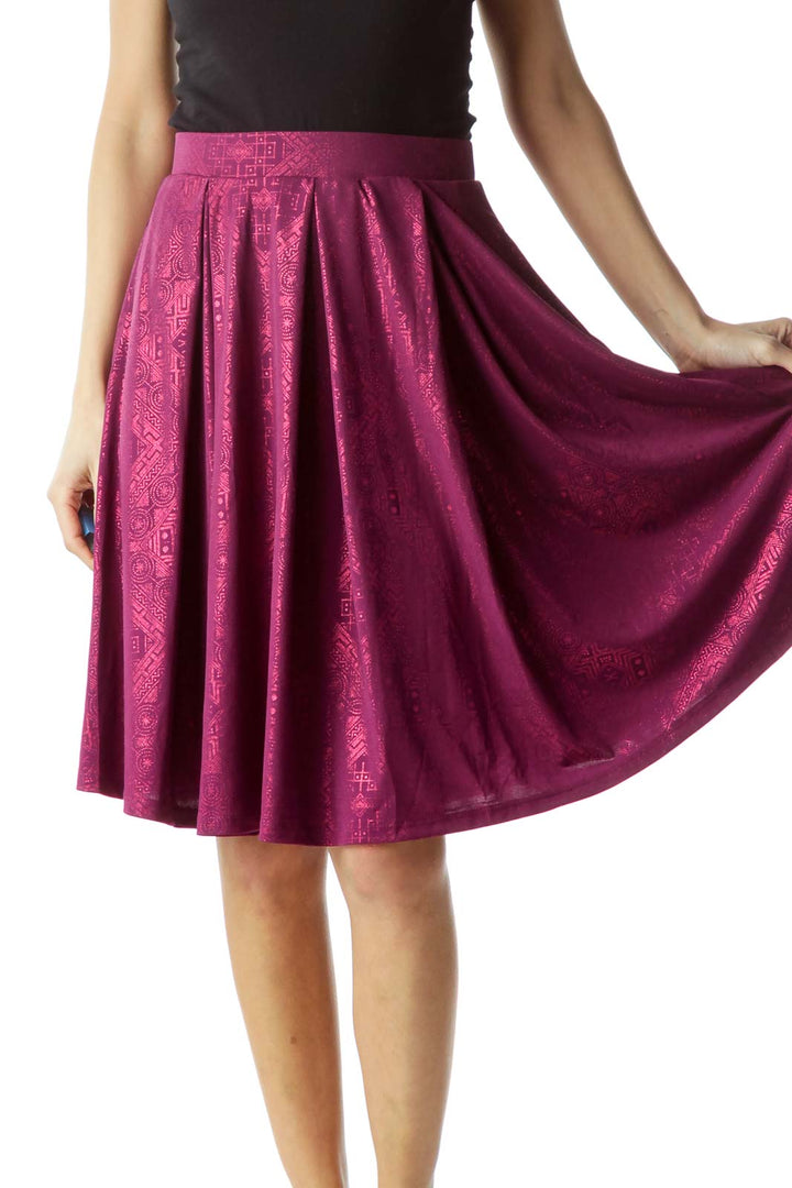 Purple Metallic Print Pleated Flared Skirt