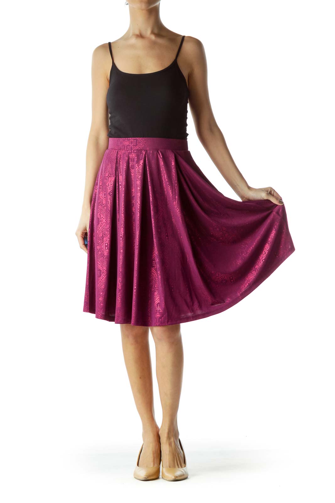 Purple Metallic Print Pleated Flared Skirt