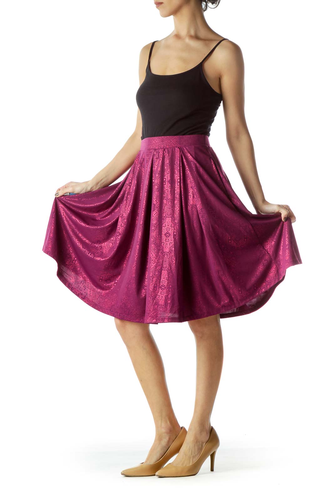 Purple Metallic Print Pleated Flared Skirt