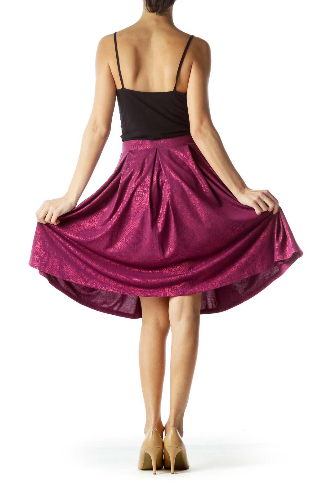 Purple Metallic Print Pleated Flared Skirt