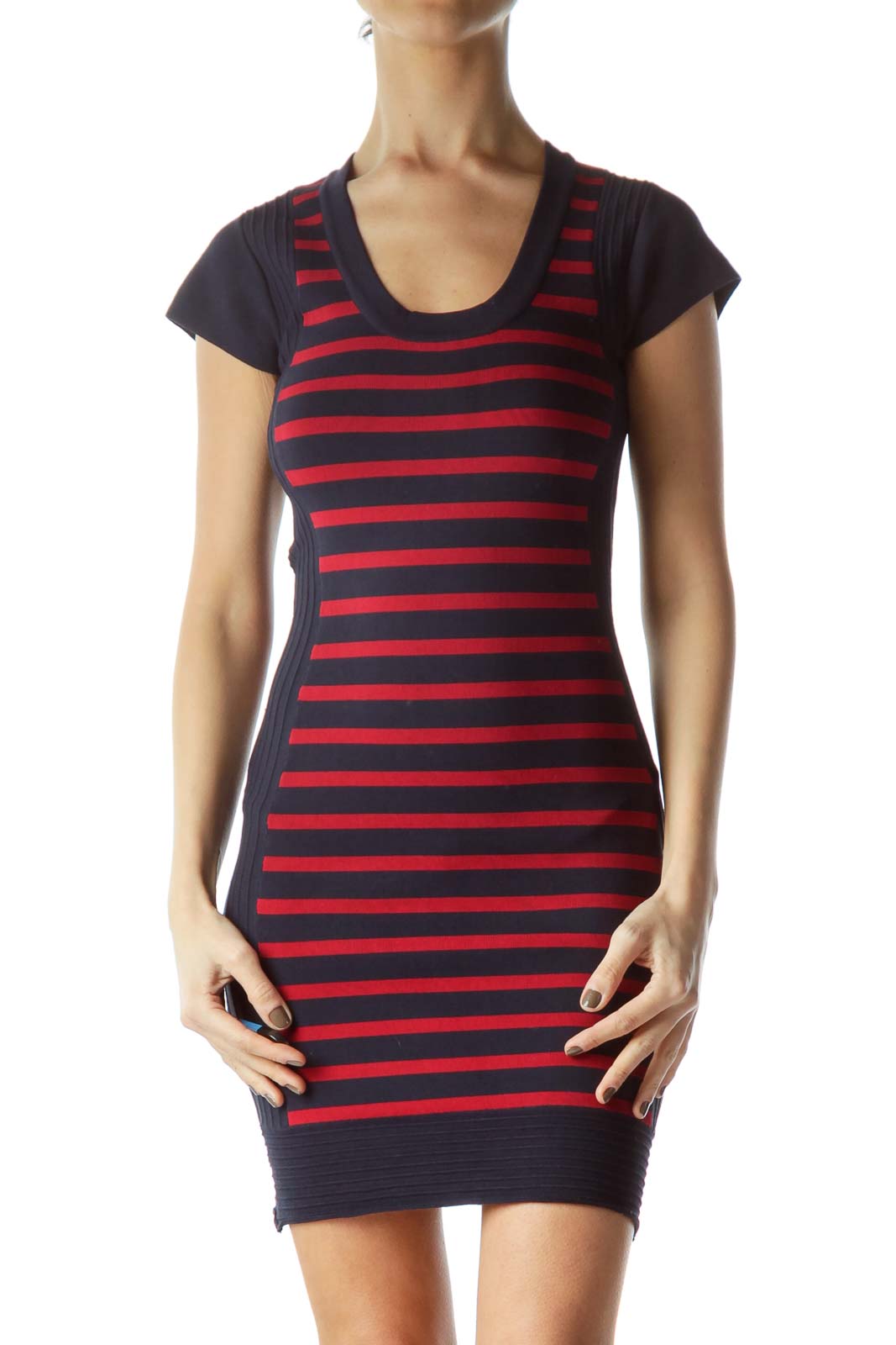 Front view of Navy and Red Striped Bodycon Dress by French Connection