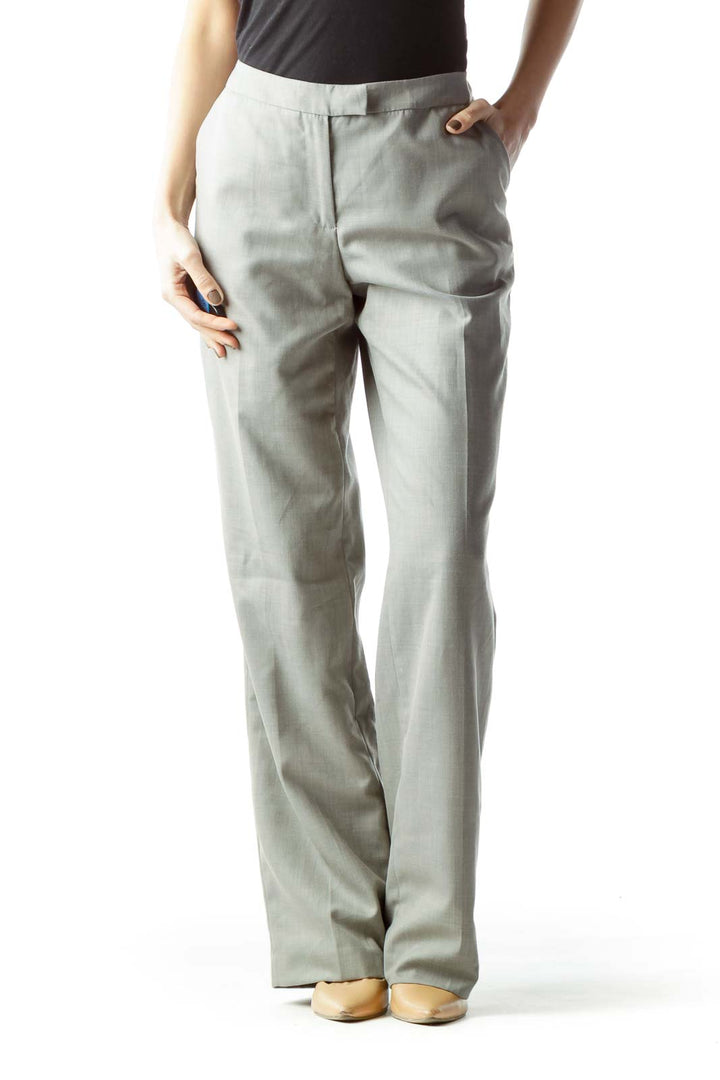 Front view of Calvin Klein gray straight-leg trousers on model