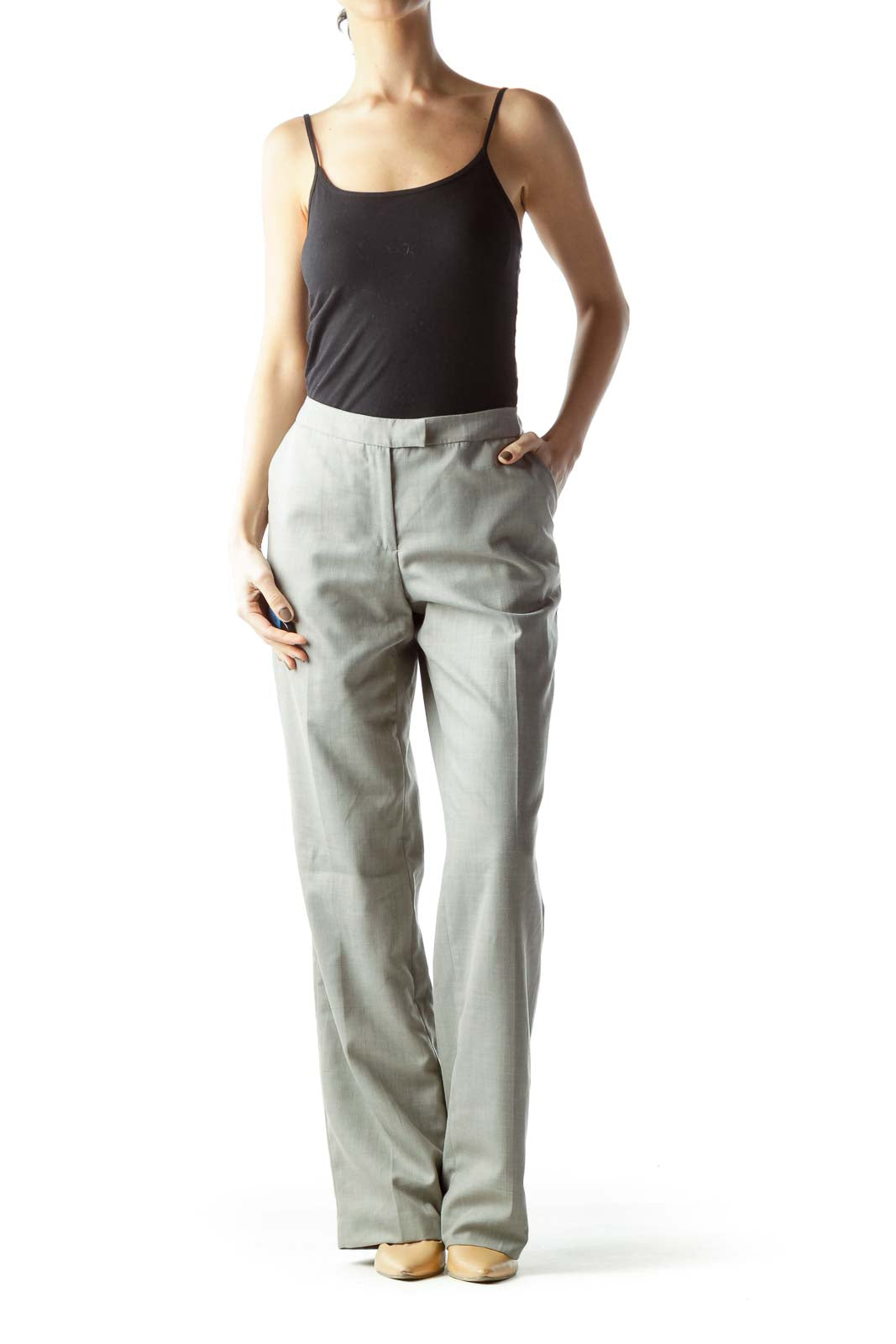 Front view of Calvin Klein gray straight-leg trousers on model