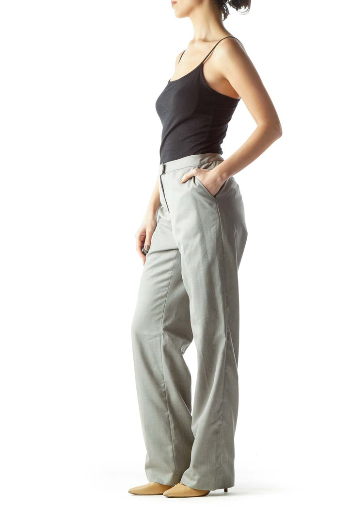 Front view of Calvin Klein gray straight-leg trousers on model