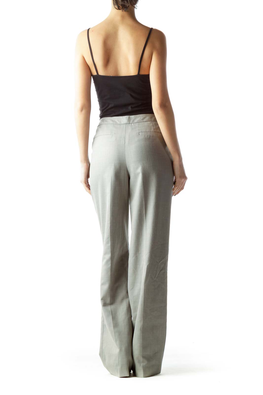 Back view of Calvin Klein gray straight-leg trousers on model