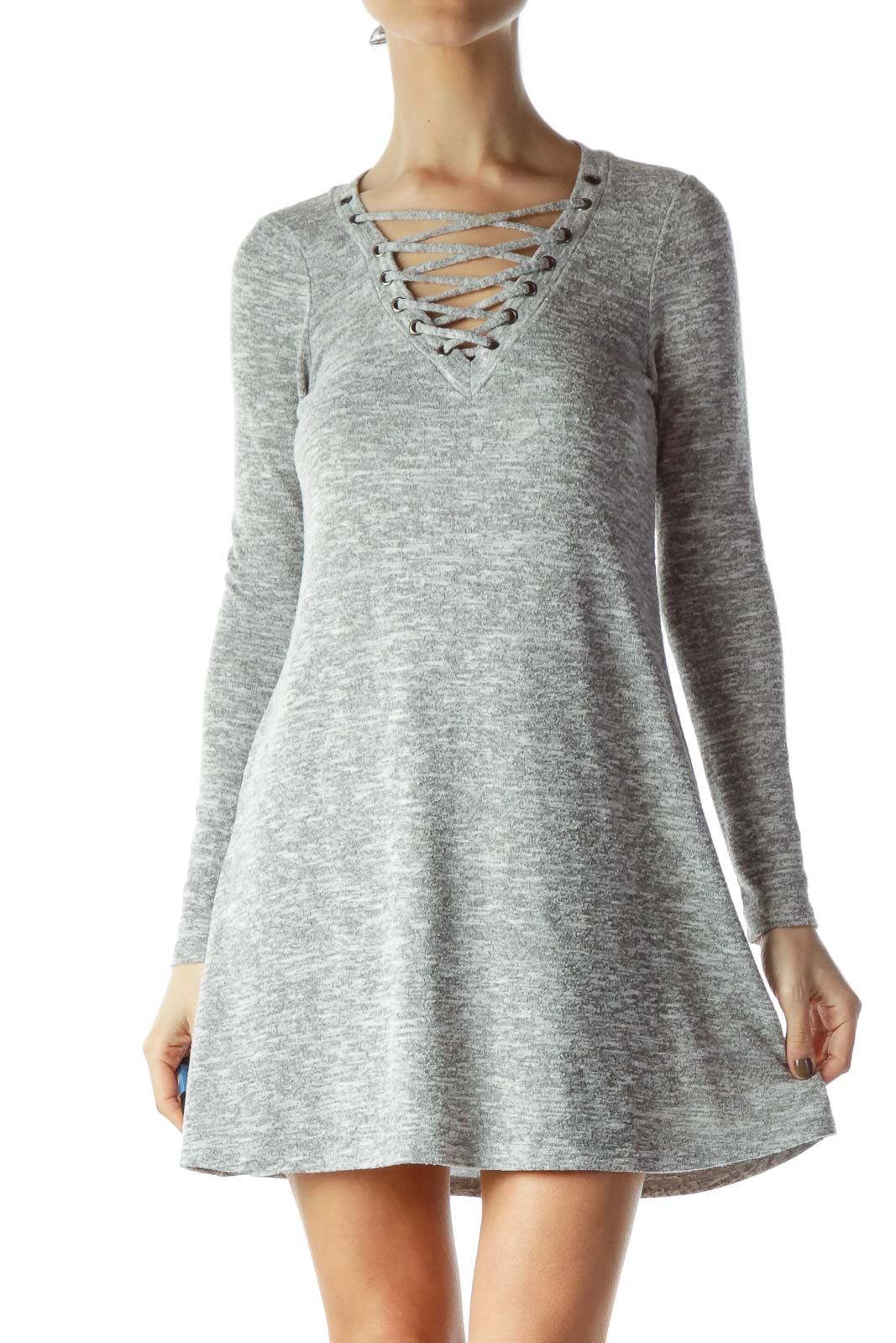 Front view of gray knit dress with lace-up V-neckline by About a Girl