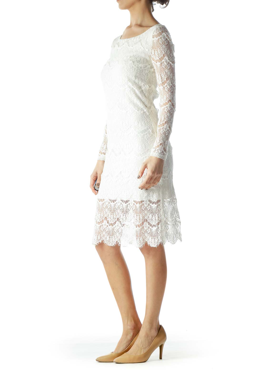 Front view of white lace long sleeve midi dress by BLAQUE LABEL