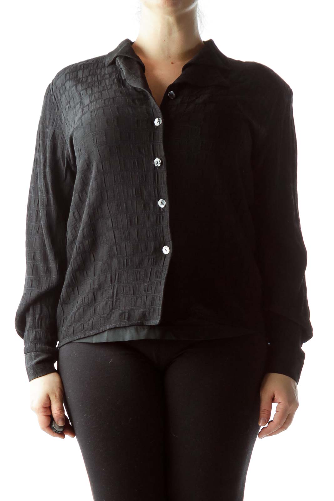 Front view of Camille Claudel black textured button-up blouse