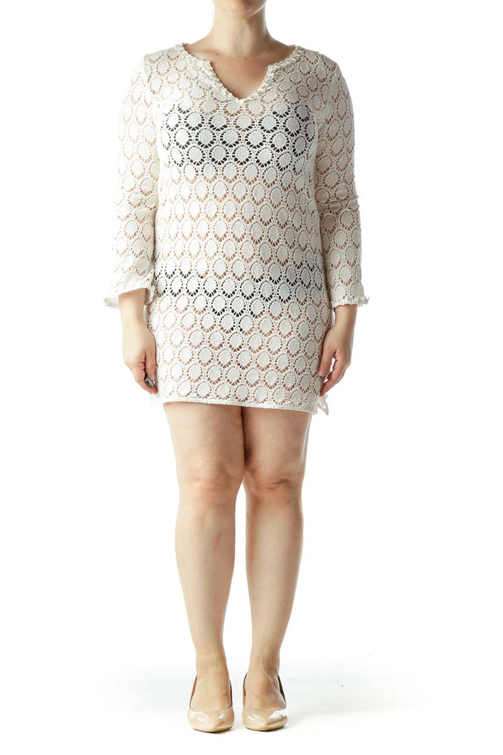 Cream Crocheted V-Neck See-Through Tunic Dress